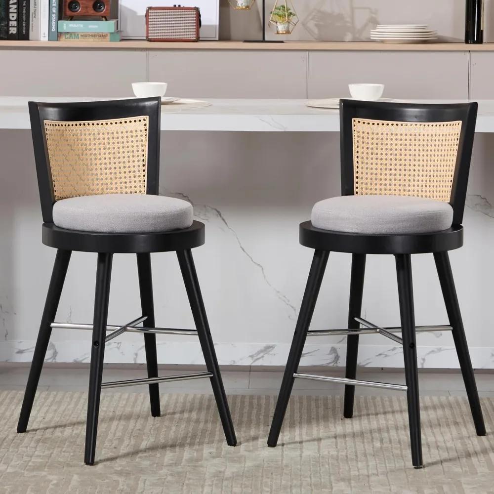 

26 Inch Farmhouse Rattan Bar Stools Set of 2, Modern Upholstered Counter Height Barstools with Back and Footrest, Black Wood Kit