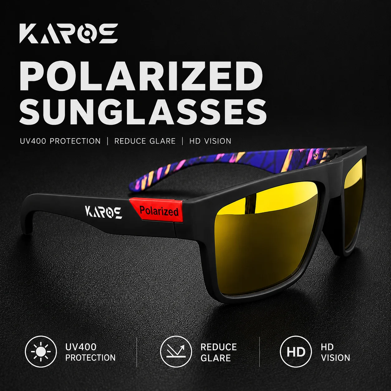 KAROS Vintage Quadratische Polarisierte Sonnenbrille für Männer und Frauen, Luxus-Markendesigner-Sonnenbrille zum Fahren und Angeln, Fahrerbrille mit UV400-Schutz