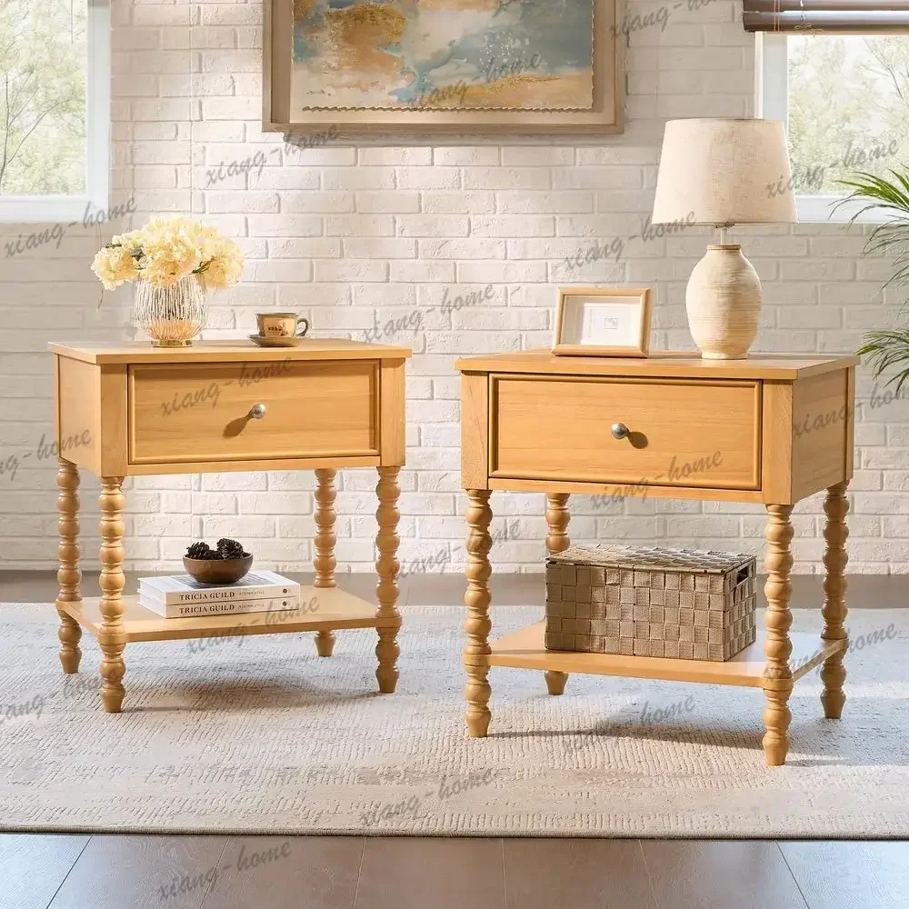 ls24 Wood Nightstand Set of 2, Vintage Bedside Table for Bedroom, Solid Wood Night Stand with Turned Legs, End Table with Drawer