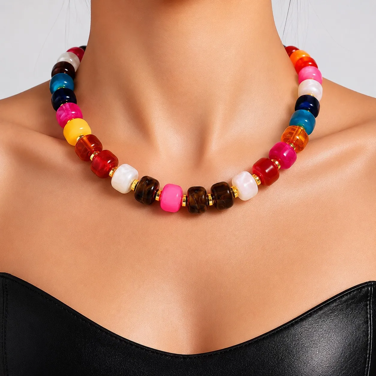 Resin Beads Necklace for Women Chunky Choker Necklaces Boho Colorful Acrylic Beaded Choker Necklace Chunky Statement Jewelry