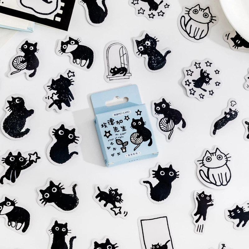 45pcs/box Black Cat Theme Stickers Decoration Kawaii Cute Cats Stickers Self-adhesive Scrapbooking Stickers For Laptop Planners