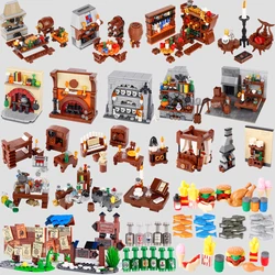 MOC Medieval Military Castle Wine Barrel Bar Furniture Building Blocks Street View Pub Table Roast Chicken Fireplace Bricks Toys