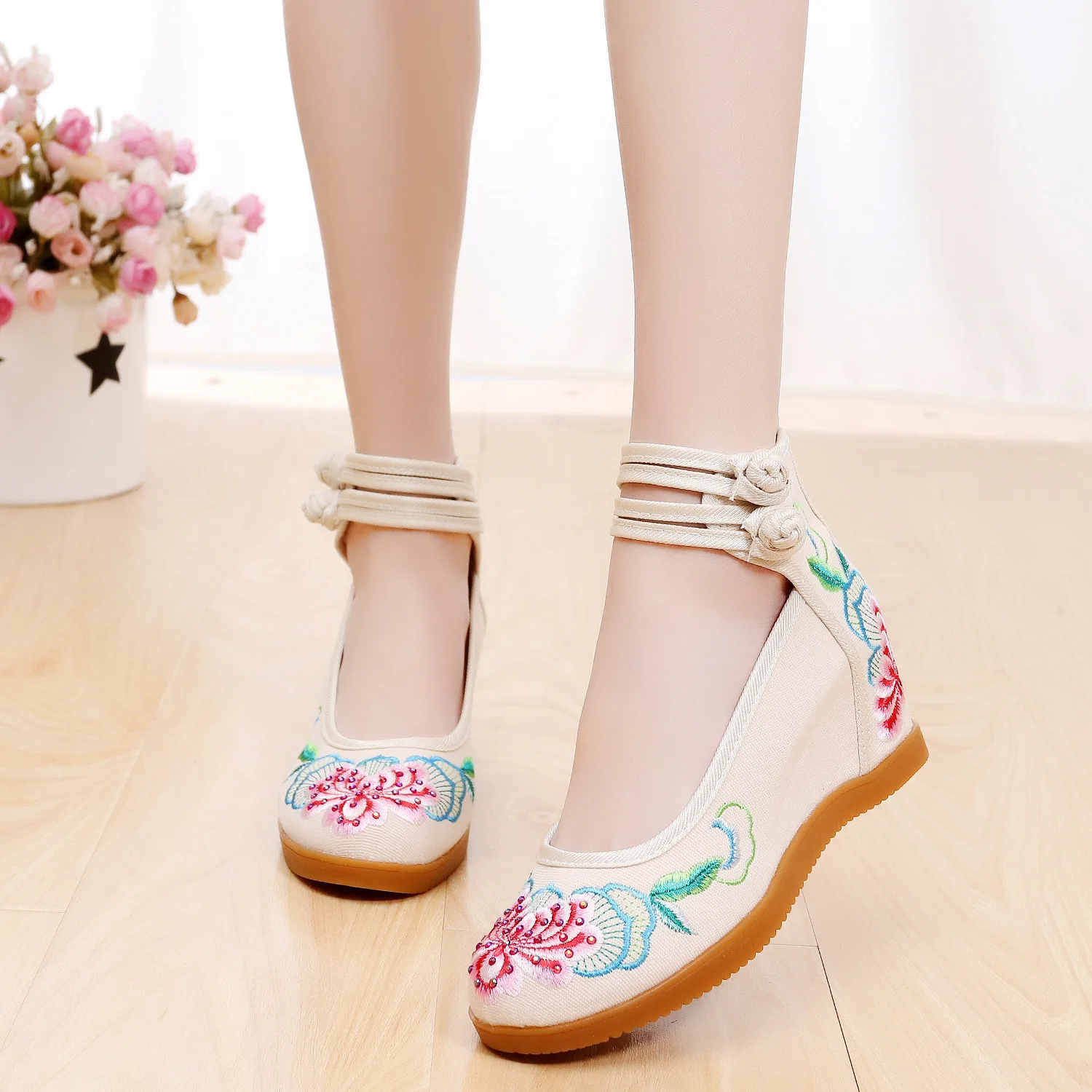 Comemore Women's Wedged Canvas Chinese Shoes 7cm Hidden High Heel Platforms Flower Embroidered Ankle Strap Ladies Cotton Pumps