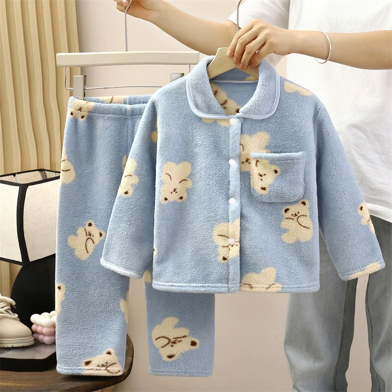 Winter Fleece Pyjama Sets Boys Thickened Suit Girls Flannel Cartoon Top Pants 2Pcs Children's Warm Homewear Outfits Kids Clothes