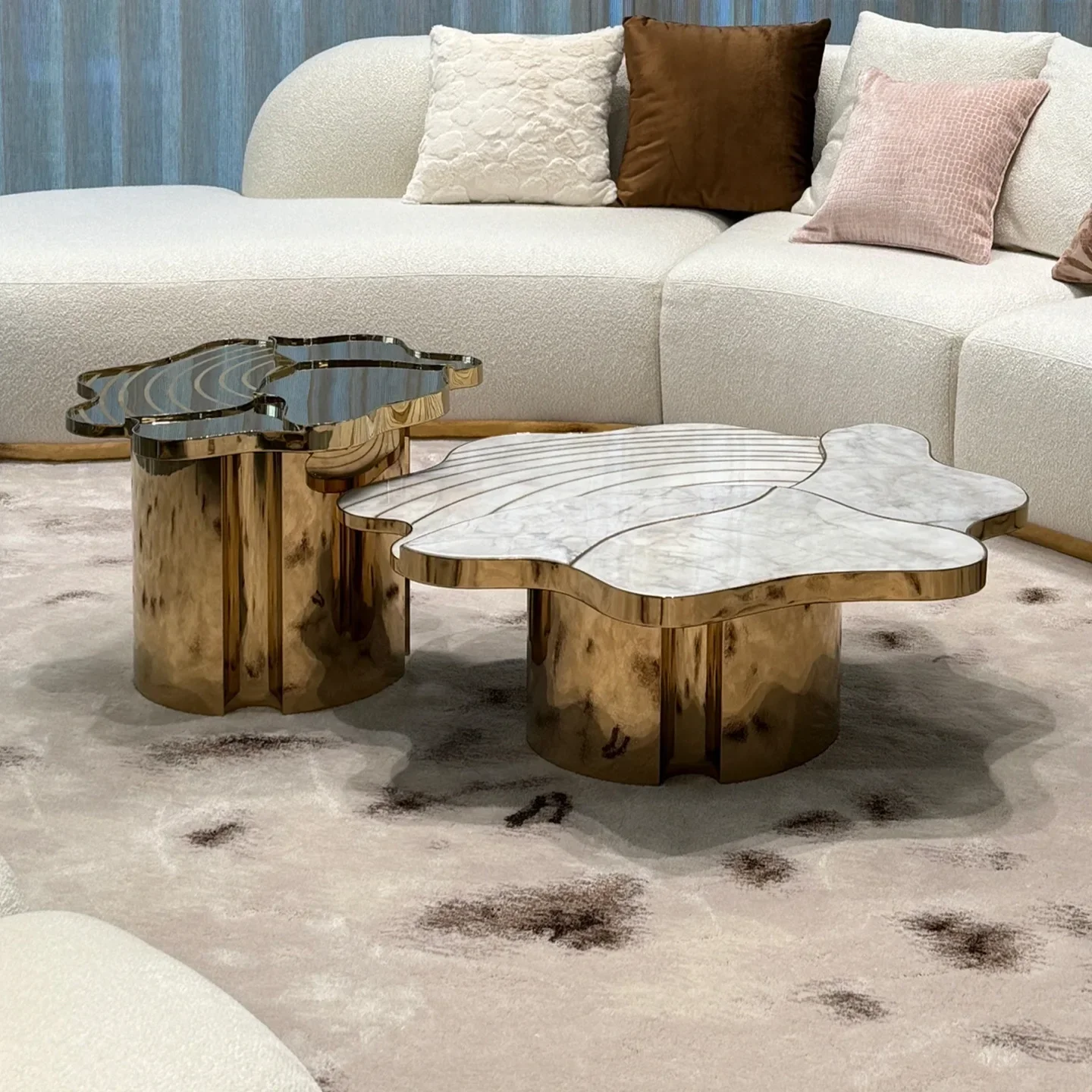 Italian light luxury natural marble coffee table combination living room home designer art stainless steel tea table