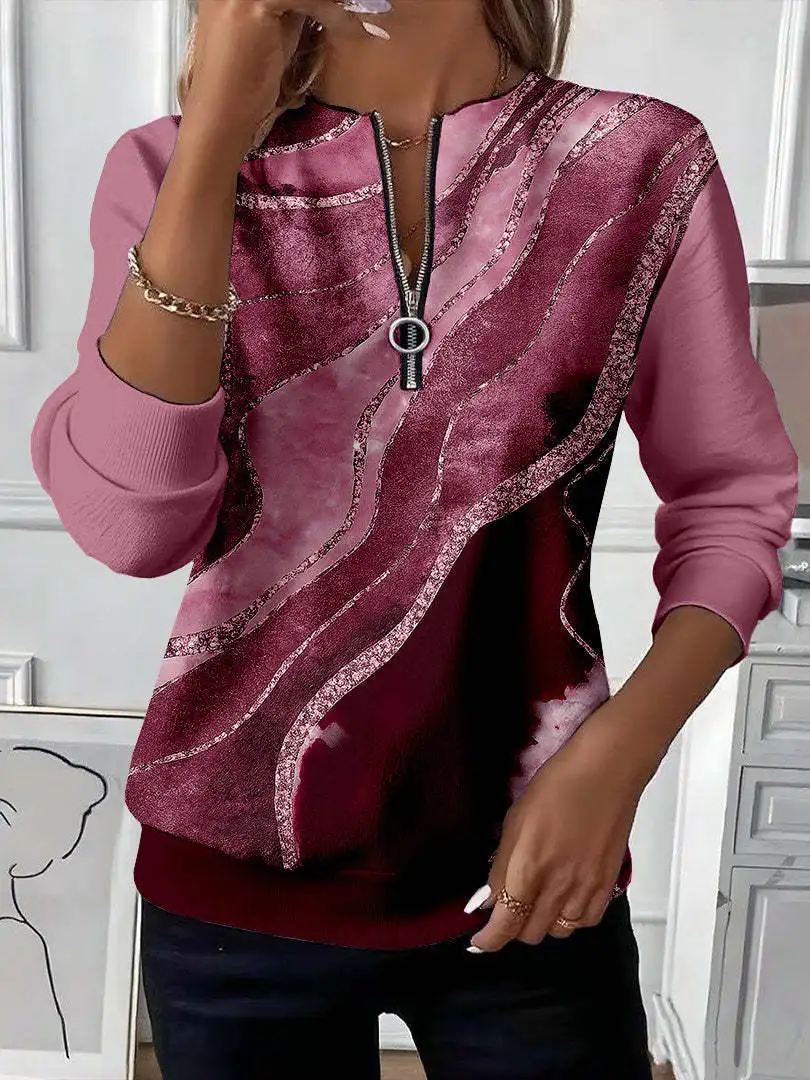 2026 Autumn/Winter Women's Gradient Flow Wave Line Printed Casual Top, Comfortable Casual Top