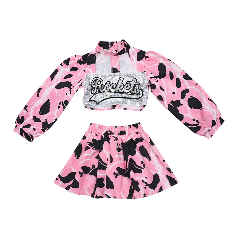 Terno de lantejoulas leopardo rosa para meninas, traje de dança jazz K-pop roupas hip-hop roupas de performance de palco BL11384, moda