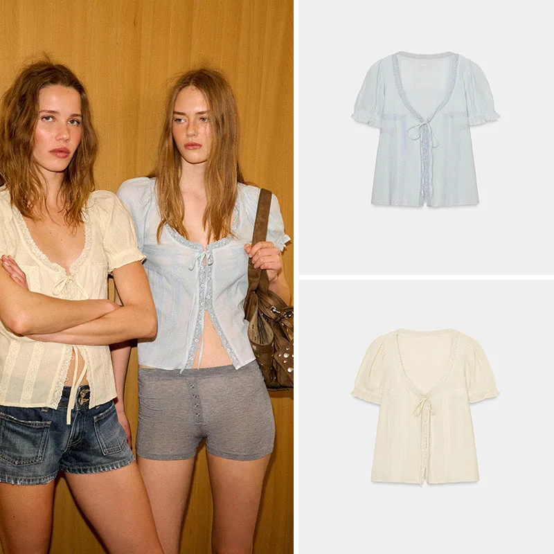 

Spring New Arrival Women's irt V-ne Bubble Sve Embroidered Lace irt Faionable And Ele 8-25 Years Old Suitable