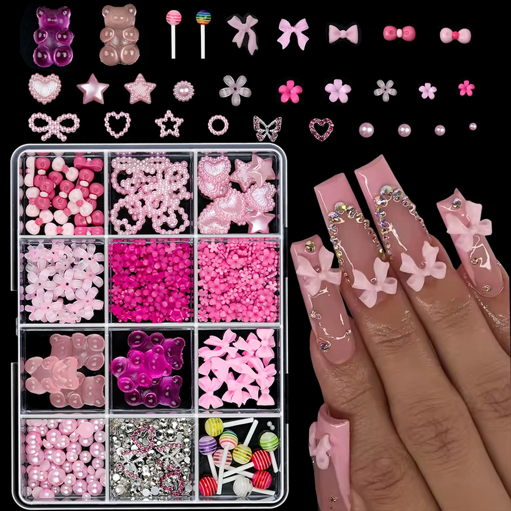 

12Grids/Box 3D Mixed Pink Bowknot Flower Nail Art Charms Kawaii Bear Pearl Lollipop Star Heart Rhinestones DIY Manicure Decorati