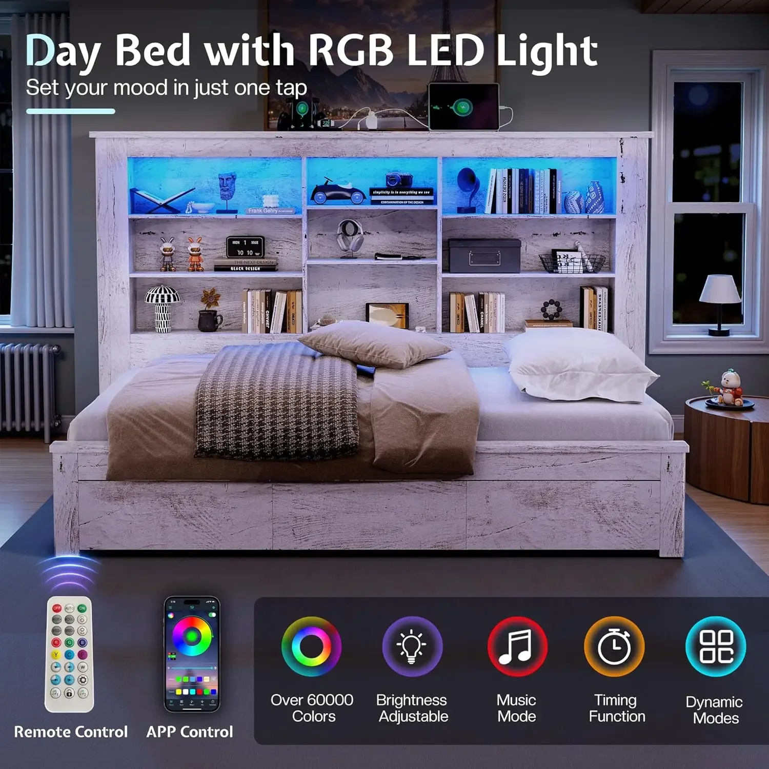 [XMSJ-مخزون محدود، اشتر الآن! ]سرير نهاري مزدوج مع لوح أمامي لخزانة الكتب، وشحن USB-C، وأضواء RGB و3 أدراج، لا حاجة إلى صندوق زنبركي