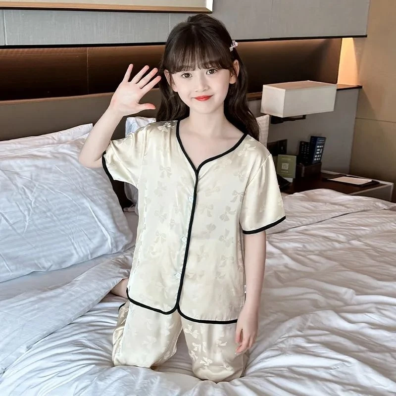 

New Girls Summer Short Sleeve Pajamas Set Ice Silk Lightweight Korean Style Loungewear for Air Conditioning