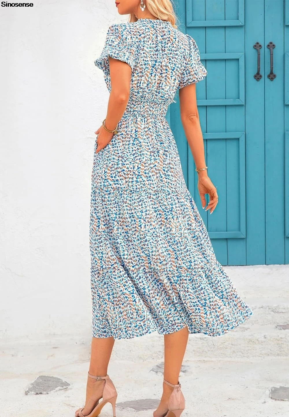 Frauen Blumen Sommer Maxi kleid sexy V-Ausschnitt Puff Kurzarm Smocked Rüschen Flowy Casual Sommer Strand Boho Urlaub langes Kleid