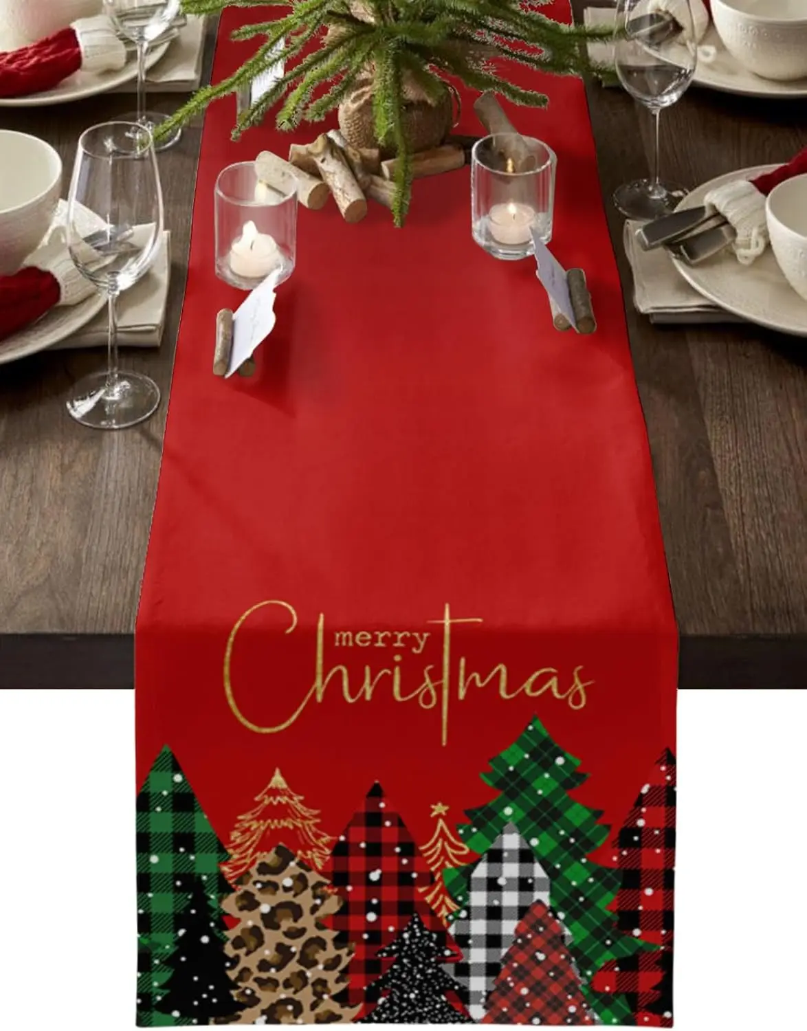 

Christmas Leopard Print Xmas Tree Buffalo Plaid Linen Table Runners Dresser Scarf Decor Reusable Kitchen Dining Table Runners