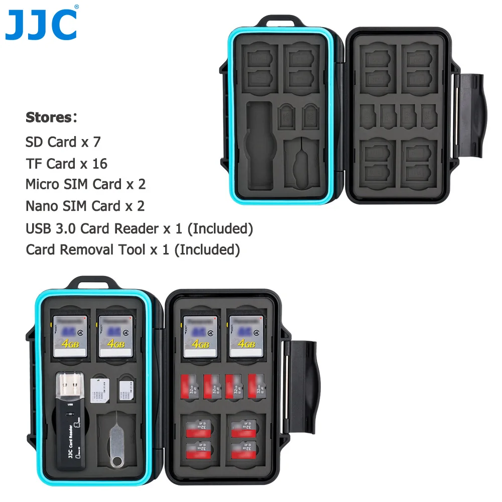 JJC TF MicroSD Card Case with Card Reader&Sim Card Pin Waterproof Memory Card Holder for SD/ Micro SD/ Micro SIM/ Nano SIM Cards