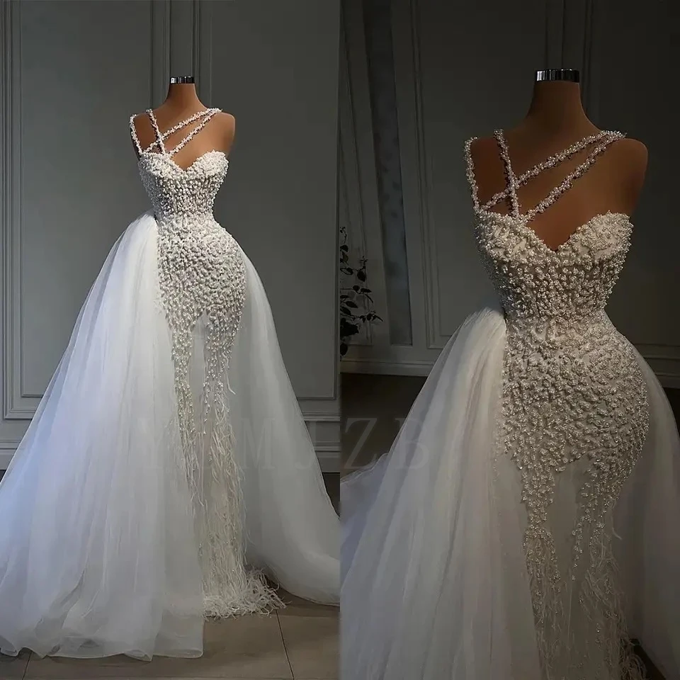 Pearls Beaded Wedding Dress Luxury Spaghetti Straps Feather with Overskirt White Bridal Gown 2 in1 Robe de mariée Customized