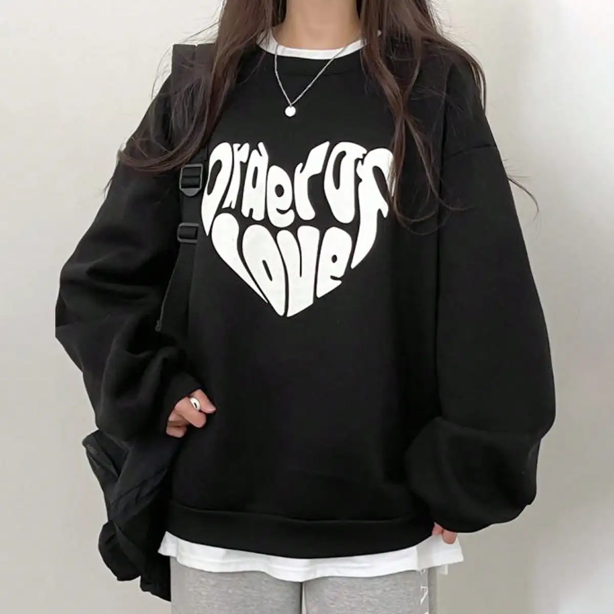

Korean Chic Autum Letter Printed Loose Long-Sleeved Top Lazy Style Black Slim Casual Sweatshirt for Women
