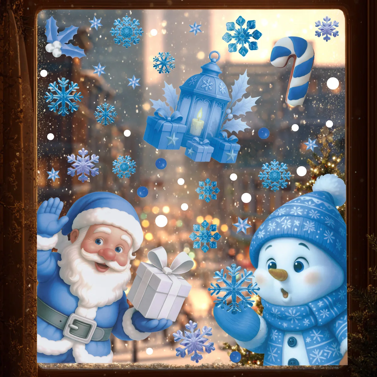 Blaue Glitzer-Weihnachts-Fensteraufkleber, Weihnachtsmann, statisch haftend, PVC, selbstklebend, wiederverwendbar, für Winter, Schneemann, Partydekorationen