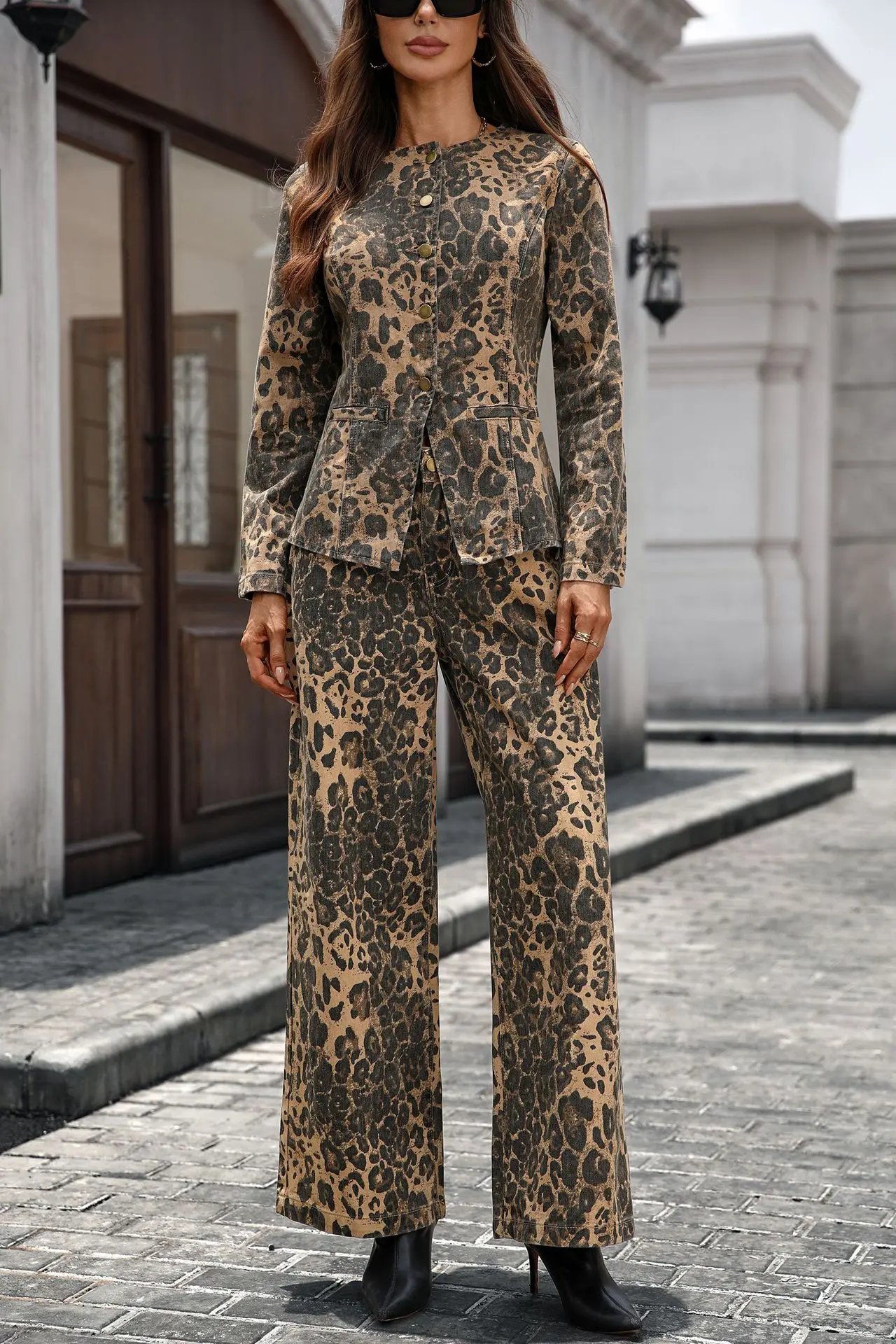 Frauen Leopard Denim Sets 2 stücke Lange Ärmeln Denim Mantel + Tasten Breite Bein Jeans 2025 Neue Herbst Elegante Büro dame Hose Anzüge