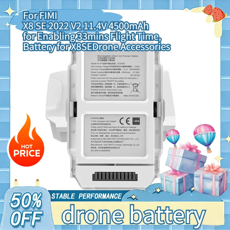 

11.4V 4500mAh Drone Battery for FIMI X8 SE 2022 V2 X8SE 33mins Flight Time Drone Accessories