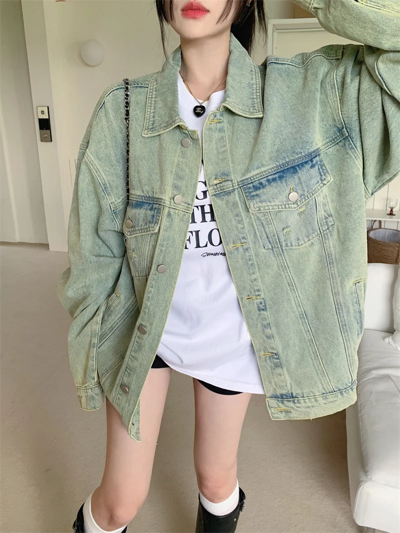 

Denim Coat Pink Flowers Womens Spring O-Neck Raglan Velour Balloon Sleeved Spliced Romantic Sweet Festival Kpop Baddie Style Y2K