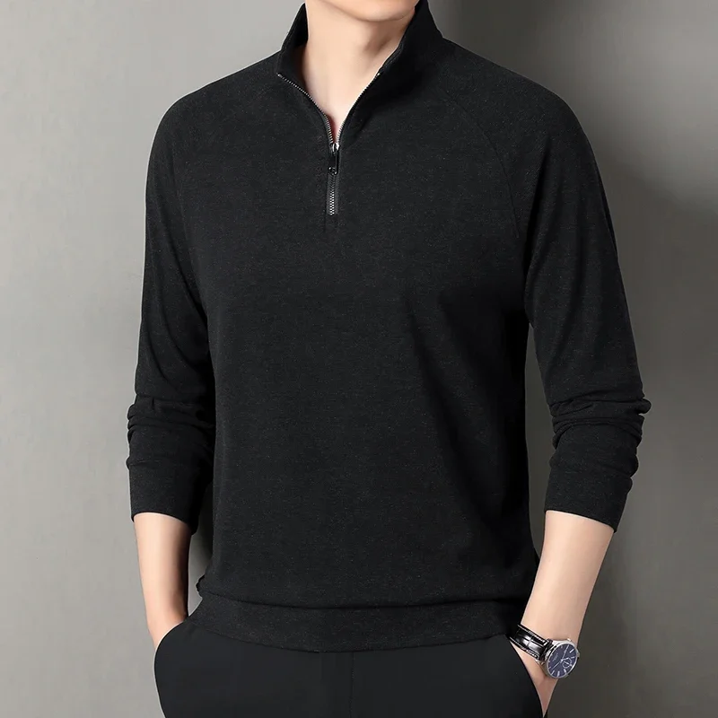 

Новинка осени 202, мужская футболка с длинными рукавами, воротник-стойка, полумолния, дышащая базовая рубашка-поло, мужская толстовка