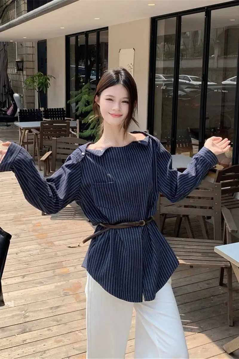 

​​Striped Off Shoulder Long Sleeve Shirt Women 2025 Spring French Loose Fit Slimming Chic Blouse​​