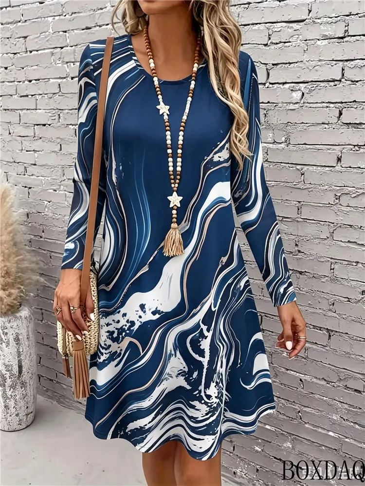 2026 Women's Dresses Casual Round Neck Long Sleeved Tie Dye Pattern Printed Loose Dress Autumn