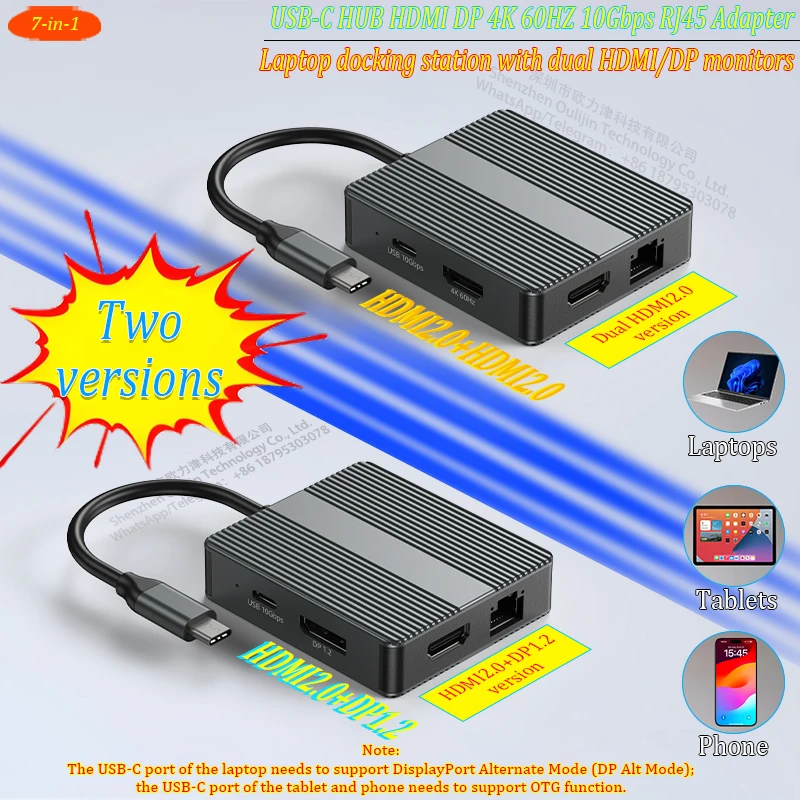 USB C Hub 7-In-1 USB3.2 Adapter Type C Hub Laptop Docking Station with 4K 60Hz Dual HDTV RJ45 Ethernet PD Fast Chargin for Mac