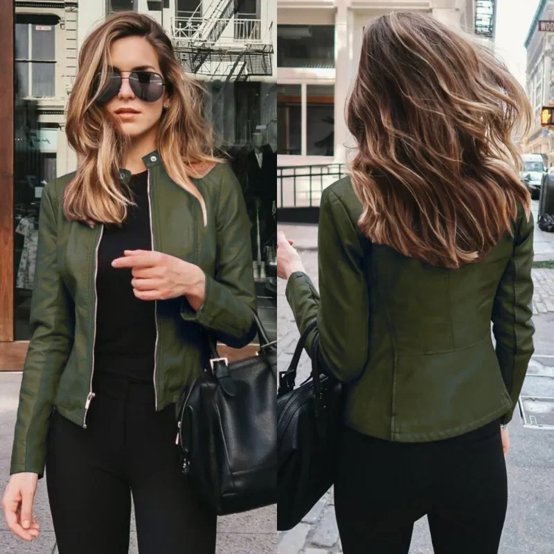 

New Ladies Slim Faux Leather Jacket Stand-Up Collar Long Sleeve Overcoat Zipper Cardigan Short Coat abrigos mujer invierno 2022