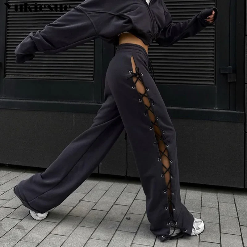 

Female Casual Tie Drawstring Pant Hollow Out Bandage Sweatpants Women's Pants Solid High Waist Side Split Loose Straight Trouser