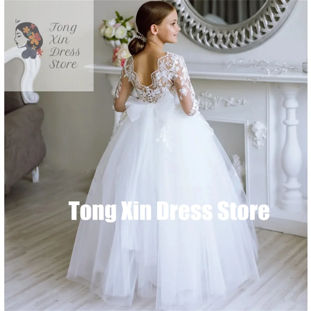 Vestidos florais personalizados para meninas, apliques de renda de tule branco com laço e manga comprida para festa de aniversário de casamento, vestidos de primeira comunhão