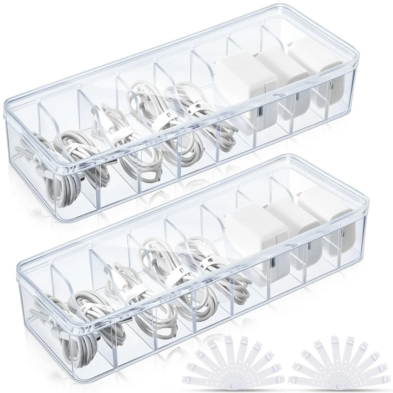 2Pcs Cable Storage Box With Wire Ties, Clear Cord Storage Box , Organizer For Home Office Desk Organizers Easy To Use