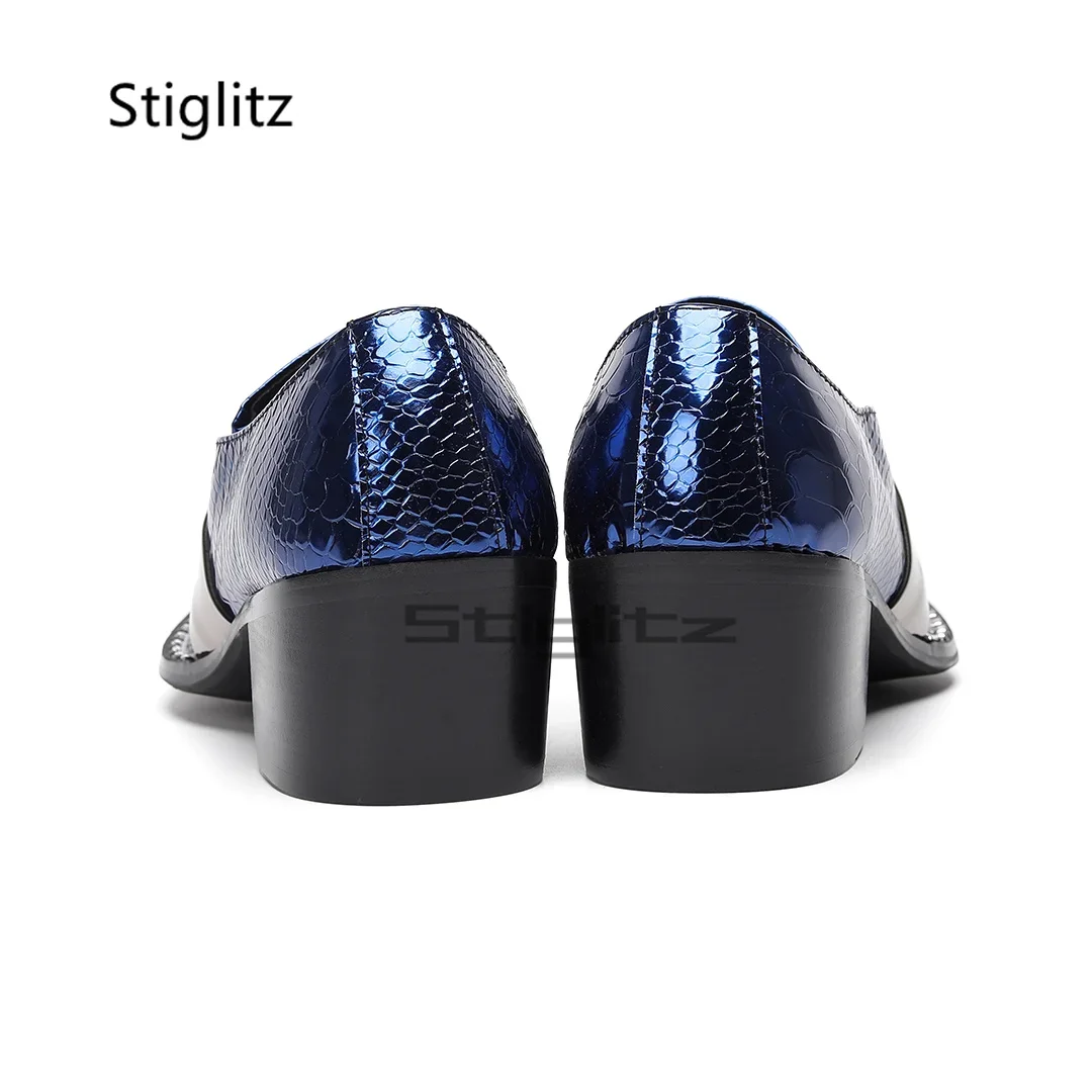 Blue Snake Grain Dress Shoes for Men Gemstone Buckle Genuine Cowhide Metal Pointed Toe Shoes Business High Heels Male Shoes