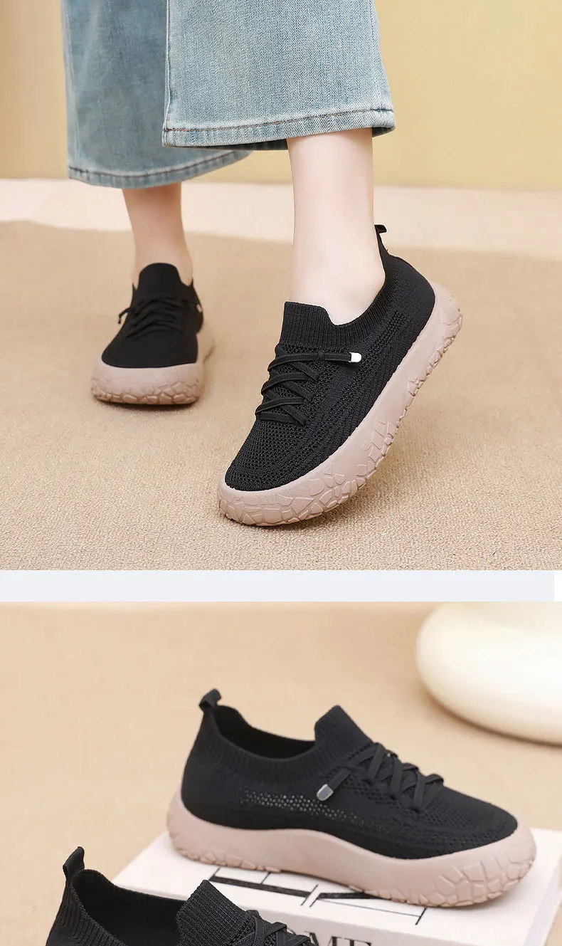 Damen-Stricksocken-Sneaker, atmungsaktives, hohles, fliegengewebtes Obermaterial, rutschfeste, rockartige Textur, dicke Sohle, leichte, lässige Wanderschuhe – Detail 28