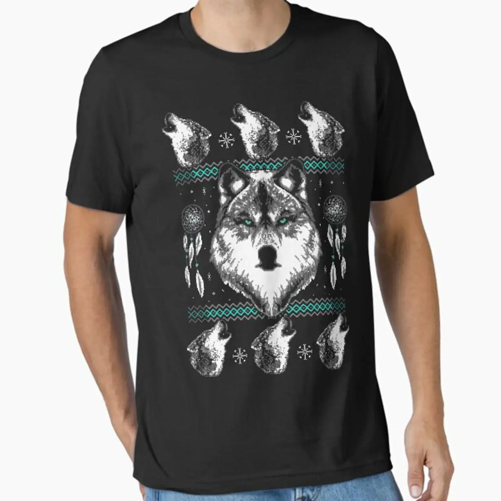 Merry Wolfmas Essential T-Shirt im Vintage-Stil, gewaschen, Unisex, bequem, dehnbar, stilvoll, lässig, Grafikdesigner-Kleidung, Streetwear
