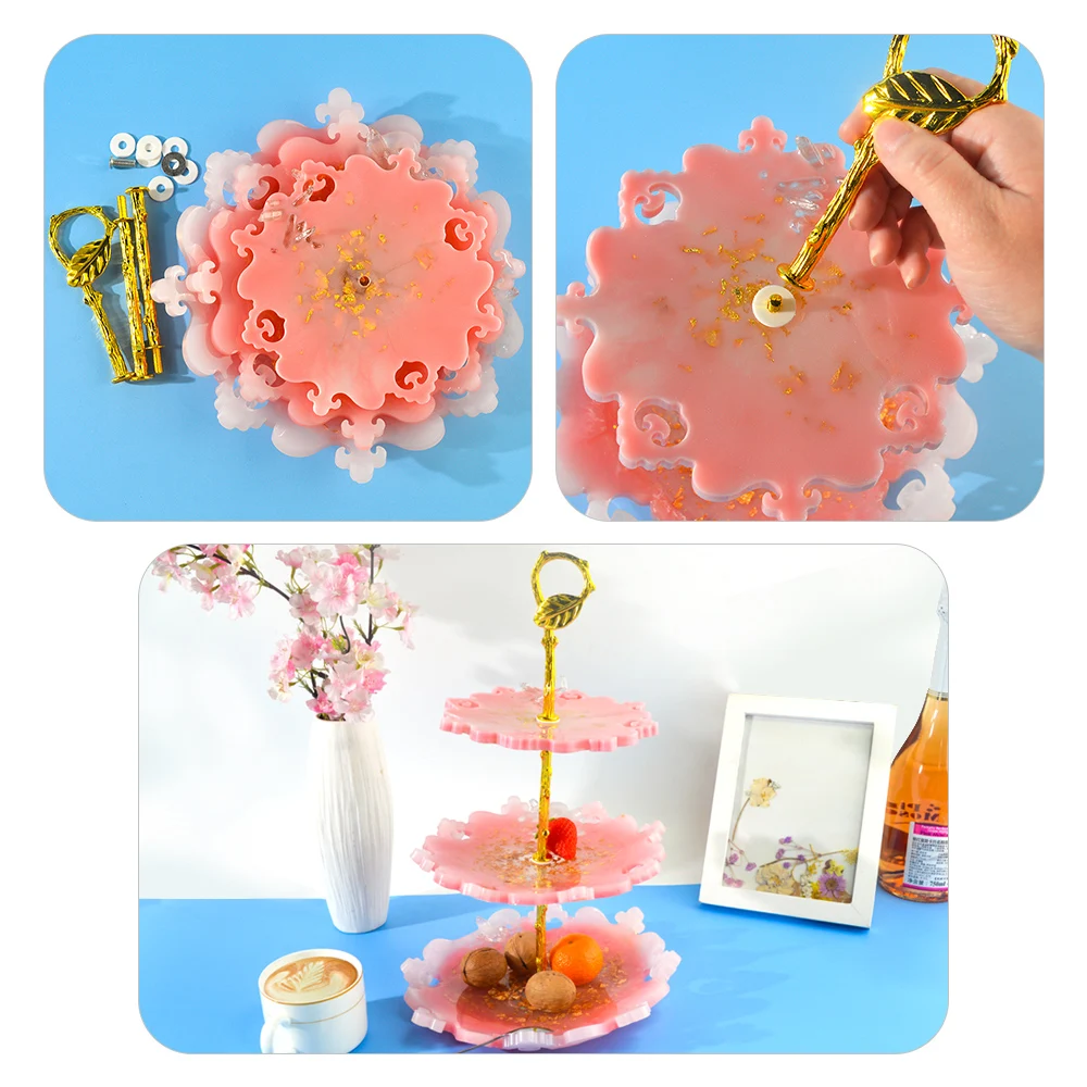 DM361 Three Layer Fruit Serving Plate Silicone Mold Set Crystal Tea Cup Pad Cake Dessert Tray Molde With Metal Stand