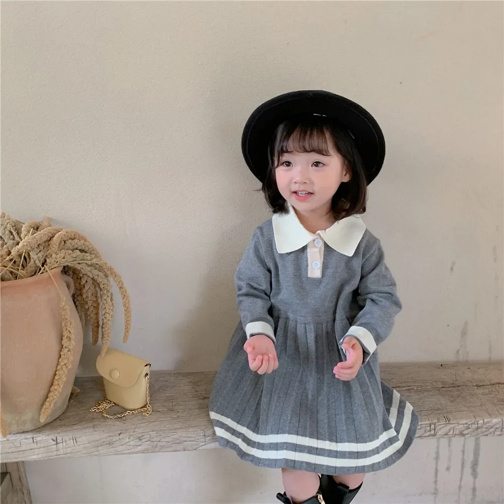 

2021 New Autumn Girls Sweater Dress Winter Bottoming Shirt Loose Lapel Stripe Preppy Style Mid-Length Casual Baby Sweater