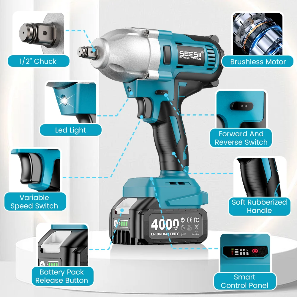 SEESII WH710 Pro 1200N.m Brushless Cordless Impact Wrench 1/2" Electric High Torque Handheld Impact Gun Kit Battery Powered Tool with 4.0Ah Battery LED Light 6 Sockets view 7
