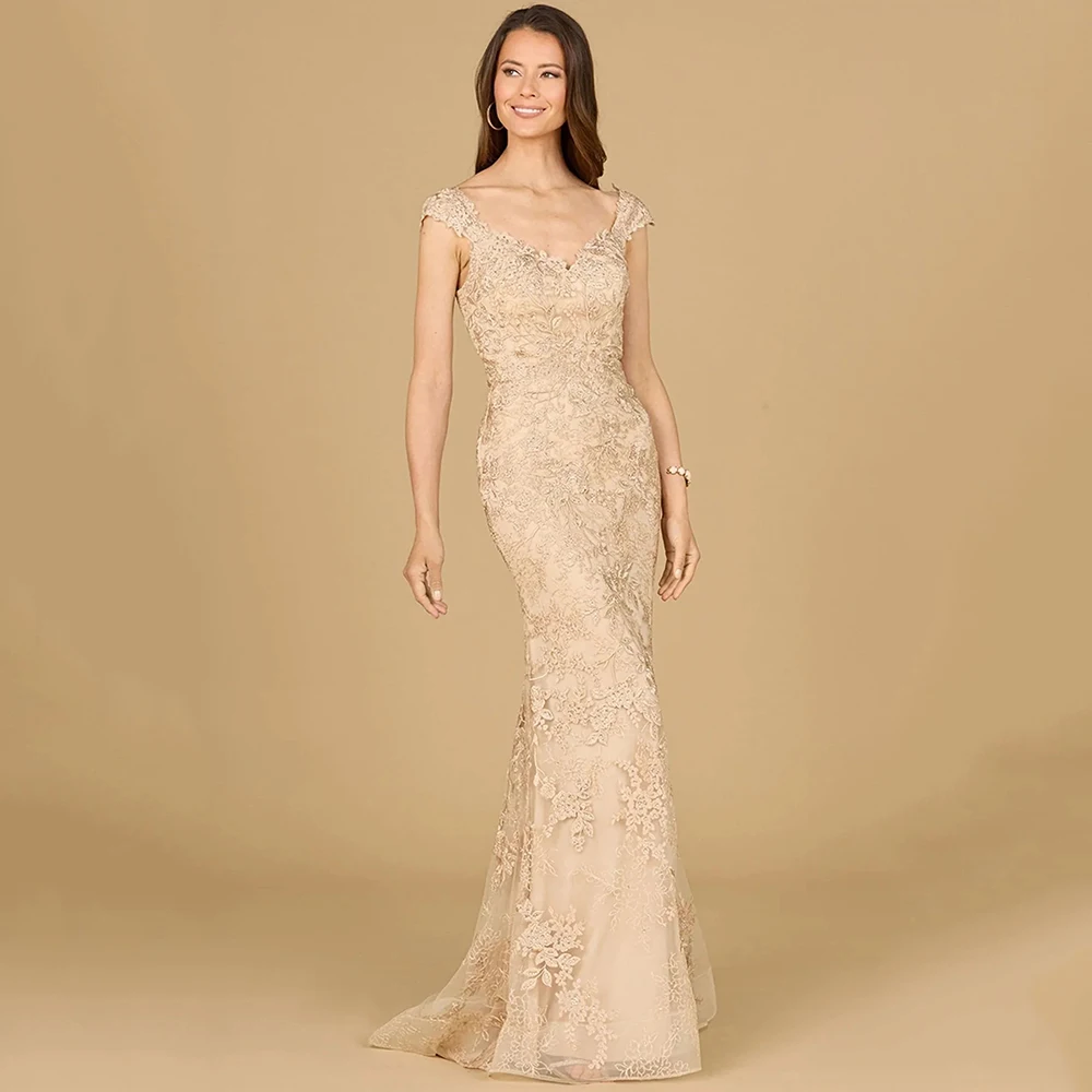 Exquisite Champagne Mother Gowns for Wedding Women Mermaid Mother of the Groom Dress Cap Sleeves Wedding Party Dresses Lace 2024