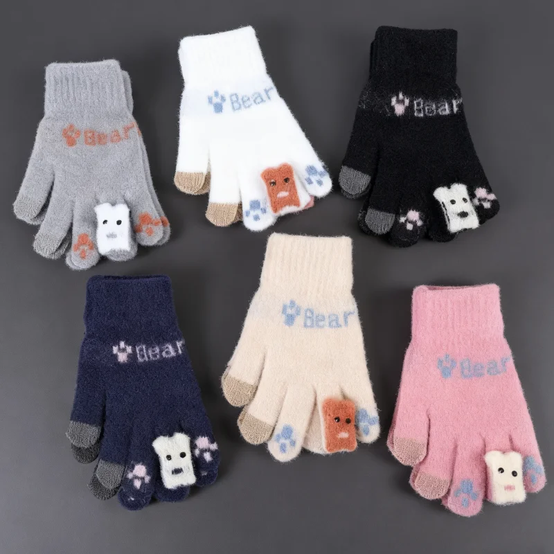 2/4Pcs (1/2 Pair) New Cute Bear Touchscreen Gloves with Fleece Lining, Thickened for Warmth, Suitable for Cycling in Winter, Knitted Gloves for Men and Women, Essential for Keeping Warm in Winter