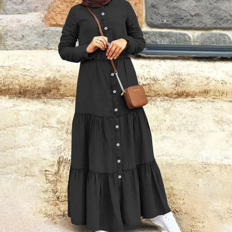 Women\'s Autumn and Winter New Fashion Elegant Denim Dress Amazon New Stand Collar Denim Button Long Dress