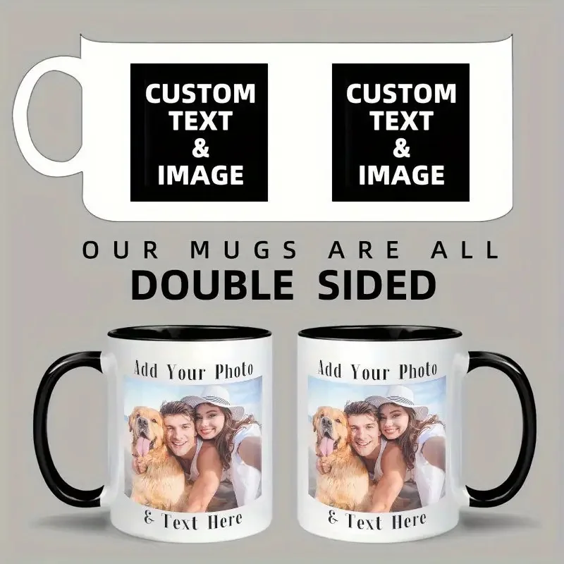

1 piece customizable, 11 ounce ceramic coffee cup, customizable with photos, text, and logo, perfect for office and family gifts