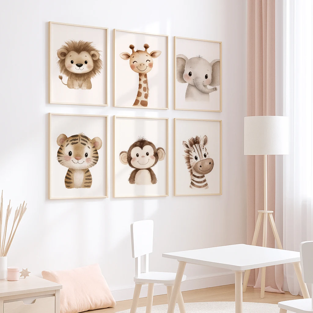 Cute Jungle Lion Giraffe Elephant Monkey Tiger Zebra Animal Wall Art Print Canvas Safari Nursery Posters for Kids Room Decor