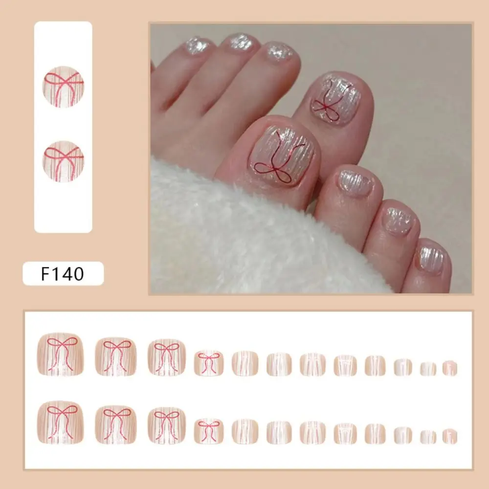 24pcs Fake Toenails French Full Cover Cute Butterfly Cat Eye Short Square Toe Nails Foot Nails Tips for Women Girl