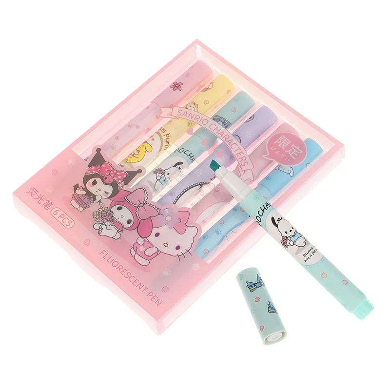 1/6Pcs Sanrio Hello Kitty Highlighter Pen Kawaii Kuromi Melody Cinnamoroll Art Fluorescent Markers Pens School Office Statione