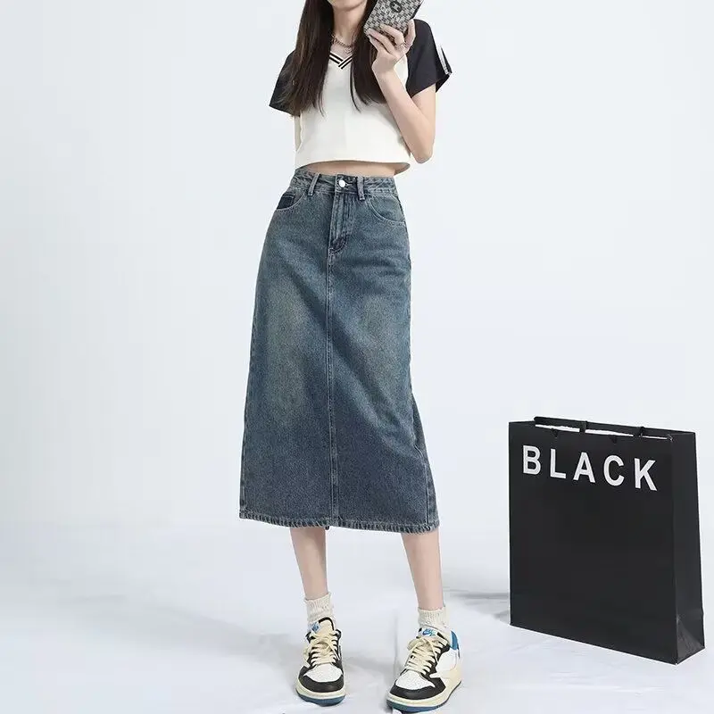 Retro Denim Skirt for Women with High Waist and Slimming Effect A-line Plus Size Back Split Skirt