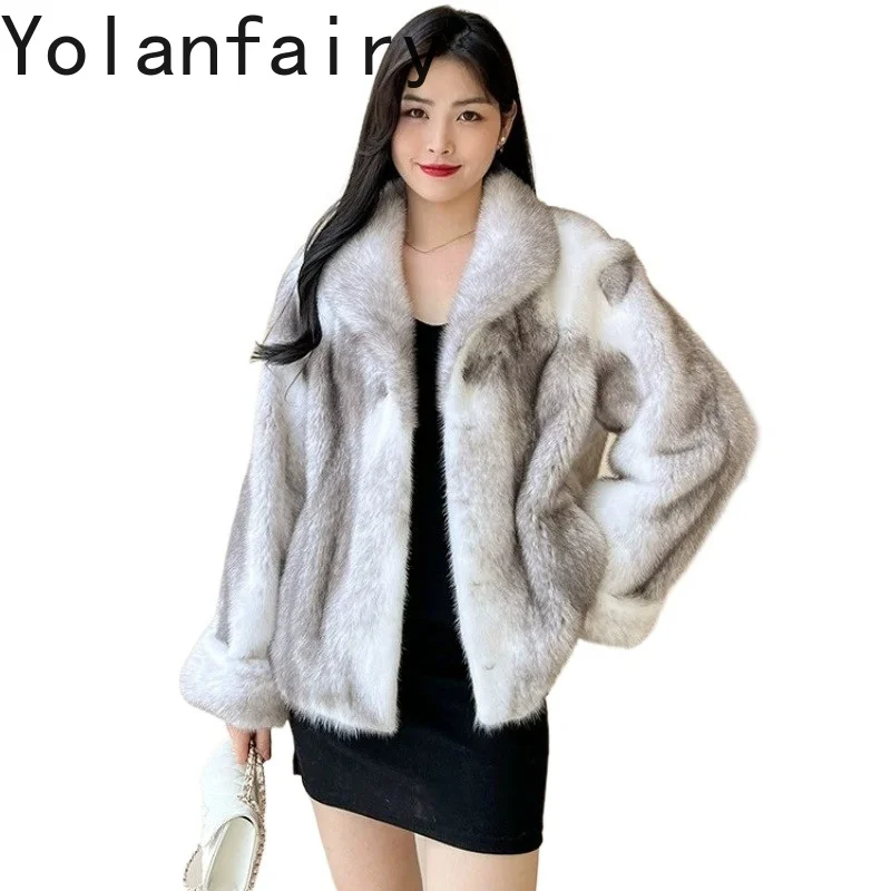 

YOLANFAIRY Luxury 2026 Women's Short Whole Cross Mink Fur Coat Retro 100% Real Mink Fur Coats Rolled Sleeve Winter Fur Jacket