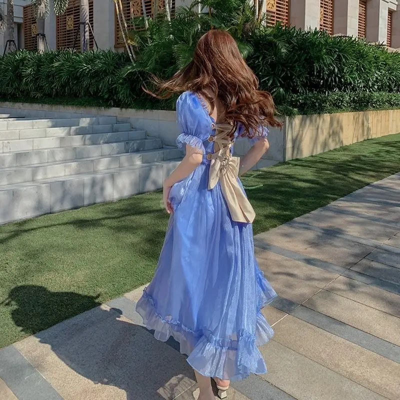 

Korea Summer Vintage Backless Dress Women Backless Fairy Party Midi Dresses Female Korean Fashion Casual Lace Up Bow Sweet Dress