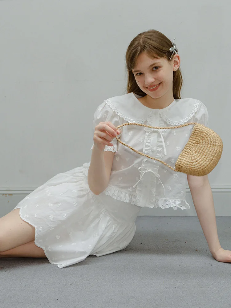 

Summer White Cotton Shirt Collar Top Half-length Skirt Set Women's Doll Collar Outfit Short Sleeve round Neck Button Closure
