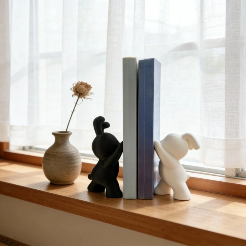 Cute Bunny Bookends Set of 2 Book Stoppers Shelves Decorative Black White Rabbit Bookends Home Office Desk for Book Love Gifts